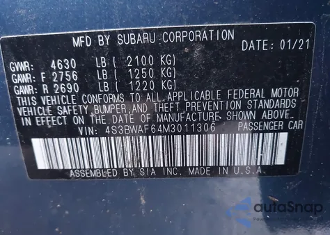 2021 Subaru Legacy Premium из США, поврежденный, VIN 4S3BWAF64M3011306